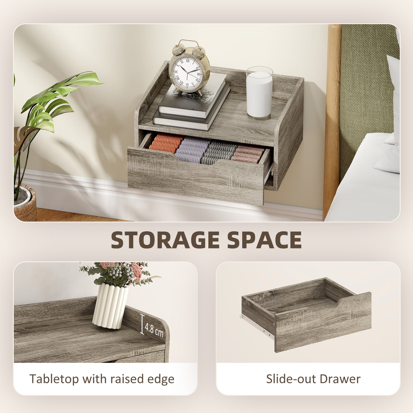 HOMCOM Floating Nightstands Set of 2, Wall Mounted Bedside Table with Drawer for Bedroom, Grey Wood Effect