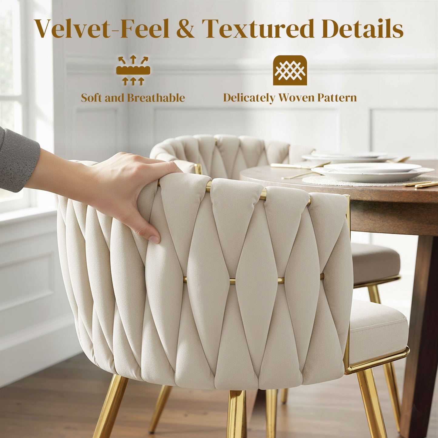 HOMCOM Velvet-Feel Dining Chairs Set of 2, Modern Upholstered Armchair with Knot Design and Golden Metal Legs, Accent Chair for Dining Room, Bedroom, Kitchen, Living Room, Cream