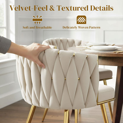 HOMCOM Velvet-Feel Dining Chairs Set of 2, Modern Upholstered Armchair with Knot Design and Golden Metal Legs, Accent Chair for Dining Room, Bedroom, Kitchen, Living Room, Cream