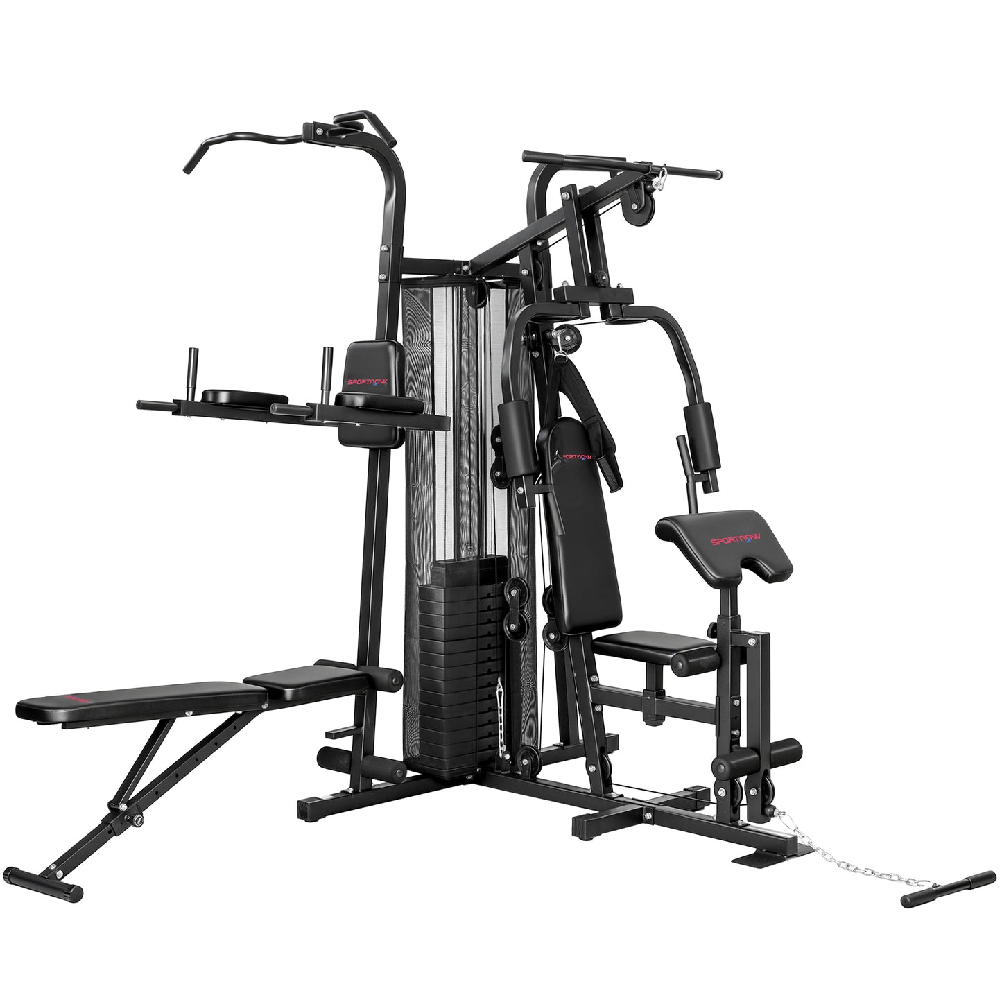 SPORTNOW All-in-One Home Gym Machine, Multifunctional Power Cage with 69 kg Weight Stack and Pulley System, Black