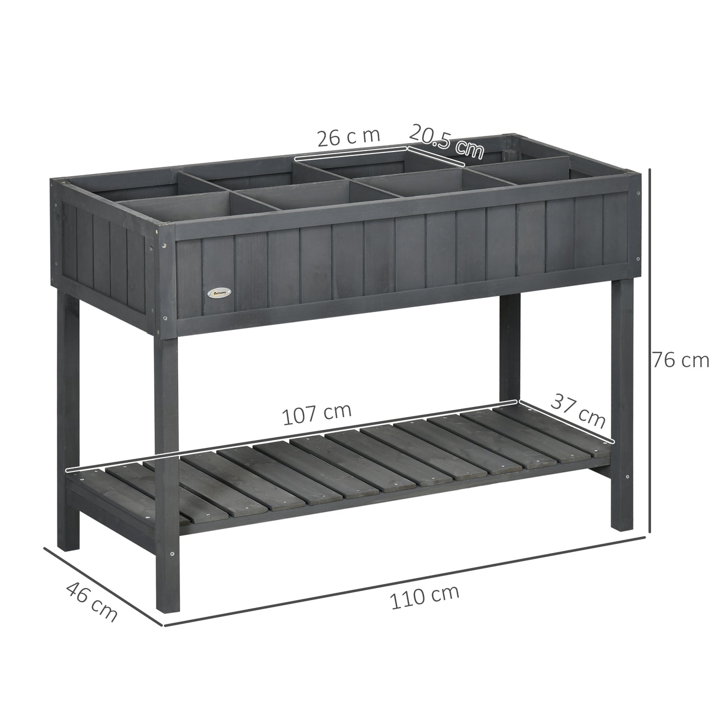 Outsunny Fir Wood Raised Rectangular 8 Compartment Plant Stand Dark Grey