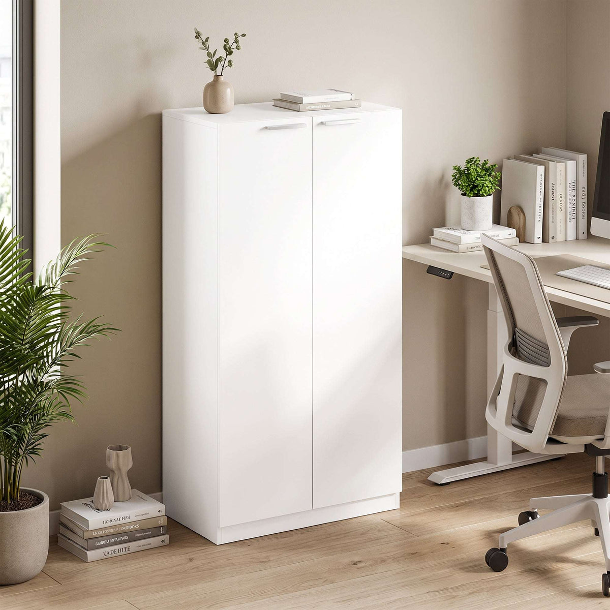 HOMCOM 120 cm Tall Storage Cabinet Cupboard, 3-Tier File Organiser Wooden Filing Cabinet, White