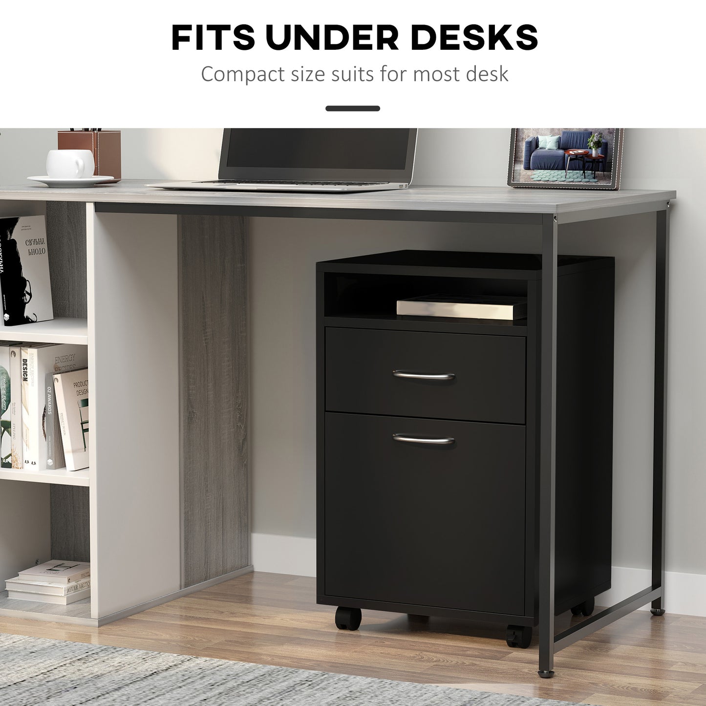 HOMCOM Filing Cabinet, Mobile File Cabinet with 2 Drawers, Office Home Organiser on Wheels for A4, Letter-Size File Folders, Mobile Printer with Open Shelf, Black