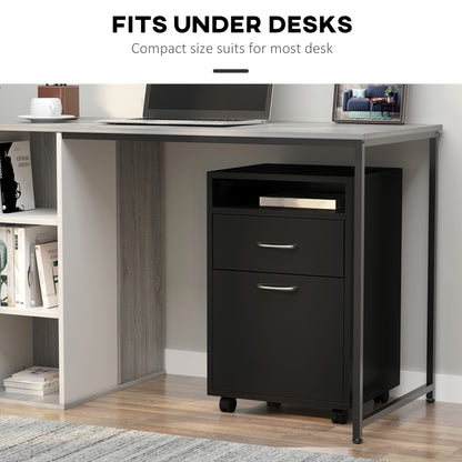 HOMCOM Filing Cabinet, Mobile File Cabinet with 2 Drawers, Office Home Organiser on Wheels for A4, Letter-Size File Folders, Mobile Printer with Open Shelf, Black