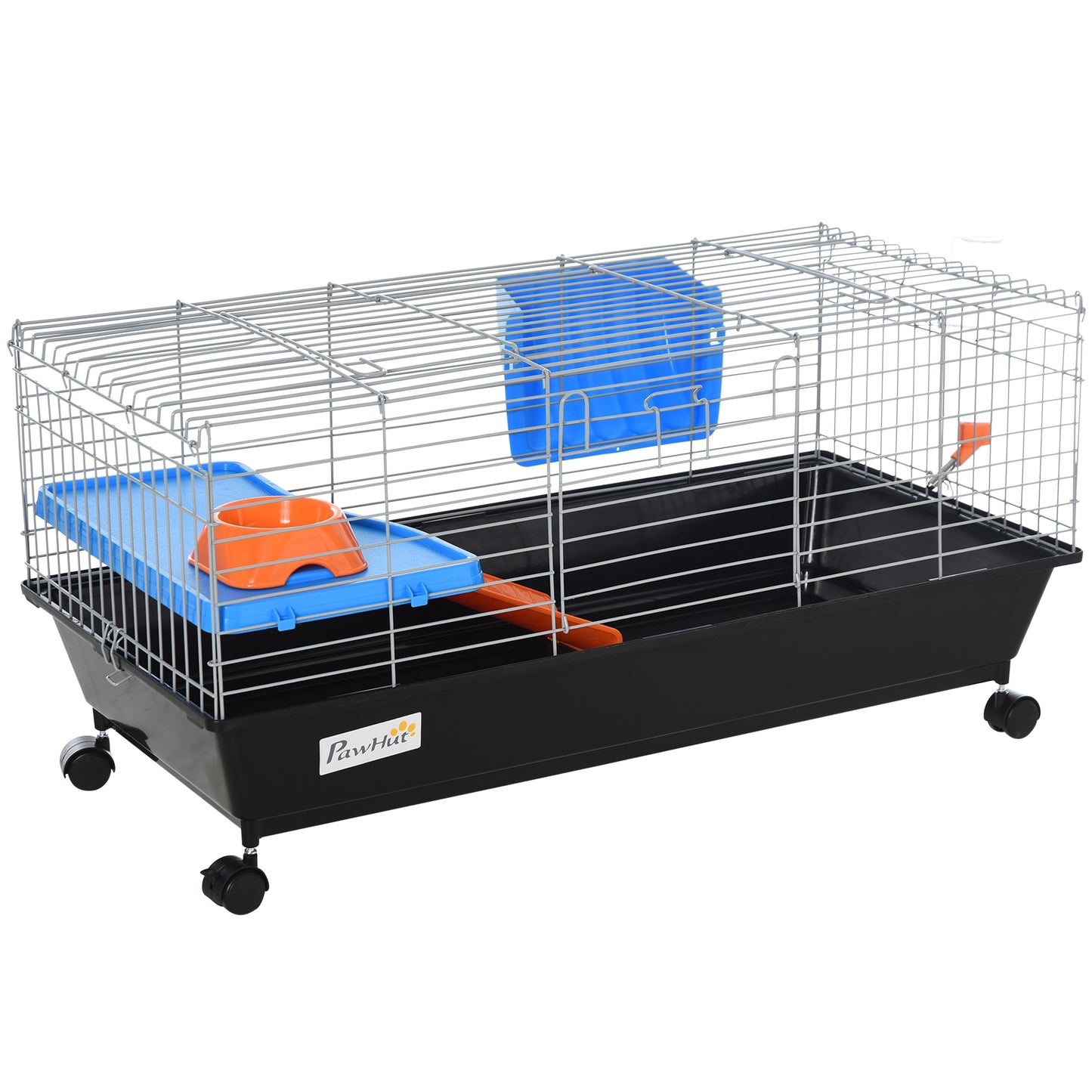 PawHut Small Animal Cage Rabbit Guinea Pigs Chinchillas Cage w/ Wheels Water Bottle Food Dish Platform Ramp 89 x 44 x 43 cm Black--ChewyGames-ChewyGames