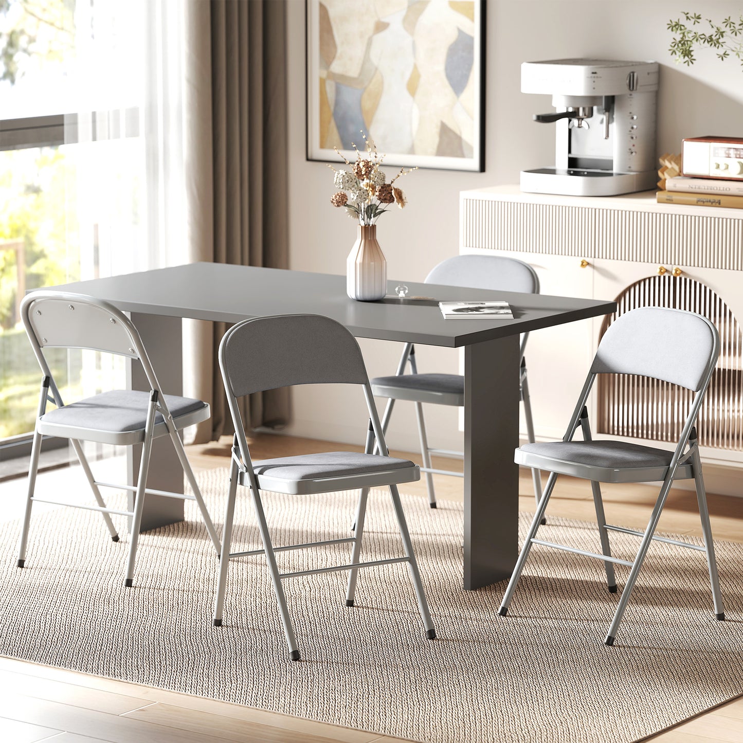 HOMCOM 4 Pack Folding Chairs with Padded Seats, Velvet Portable Party Chairs with Steel Frame, Light Grey