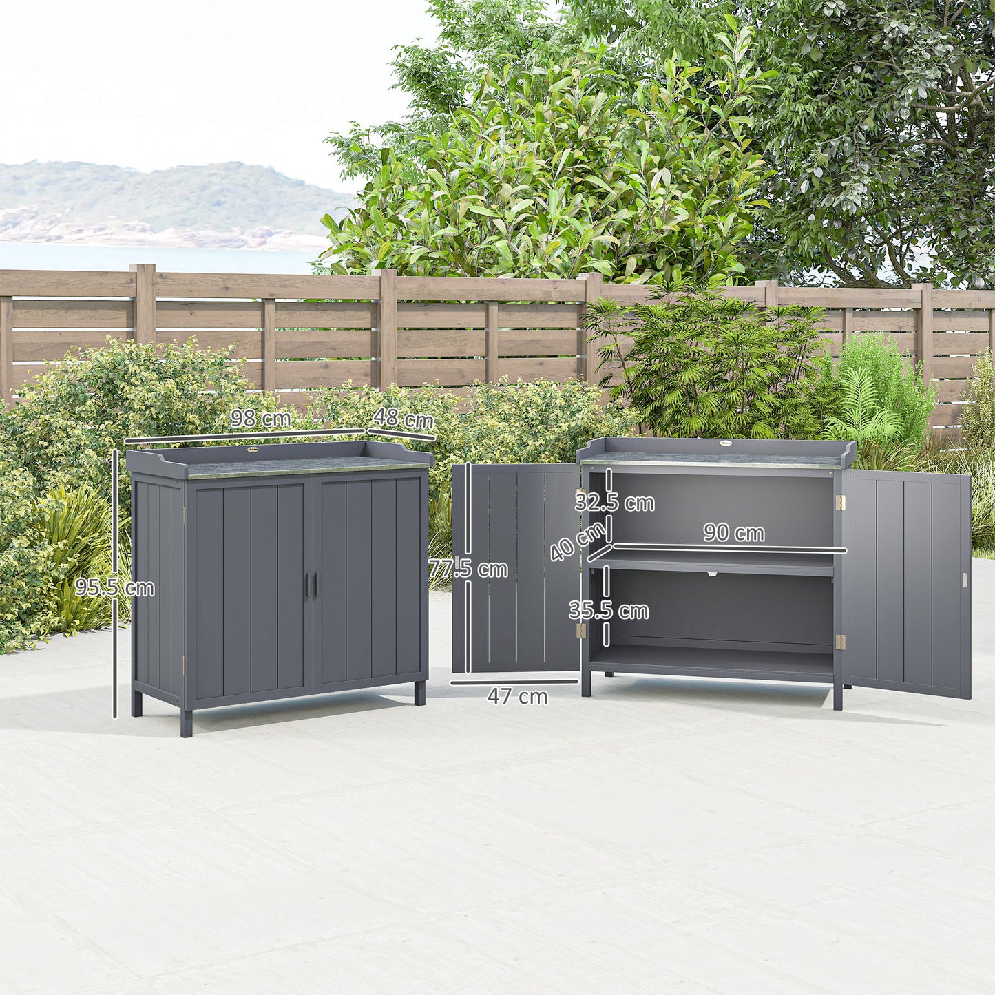 Outsunny Wood Garden Storage Cabinet, Outdoor Tool Shed, Potting Bench Table with galvanised Top and Two Shelves for garden Tools or Pool Accessories, Grey