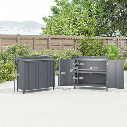 Outsunny Wood Garden Storage Cabinet, Outdoor Tool Shed, Potting Bench Table with galvanised Top and Two Shelves for garden Tools or Pool Accessories, Grey