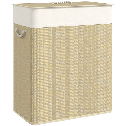 HOMCOM Double Laundry Basket with Lid, 100L Bamboo Laundry Hamper with Rope Handles, Washing Basket with Removable Liner for Bathroom, Bedroom, Cream White