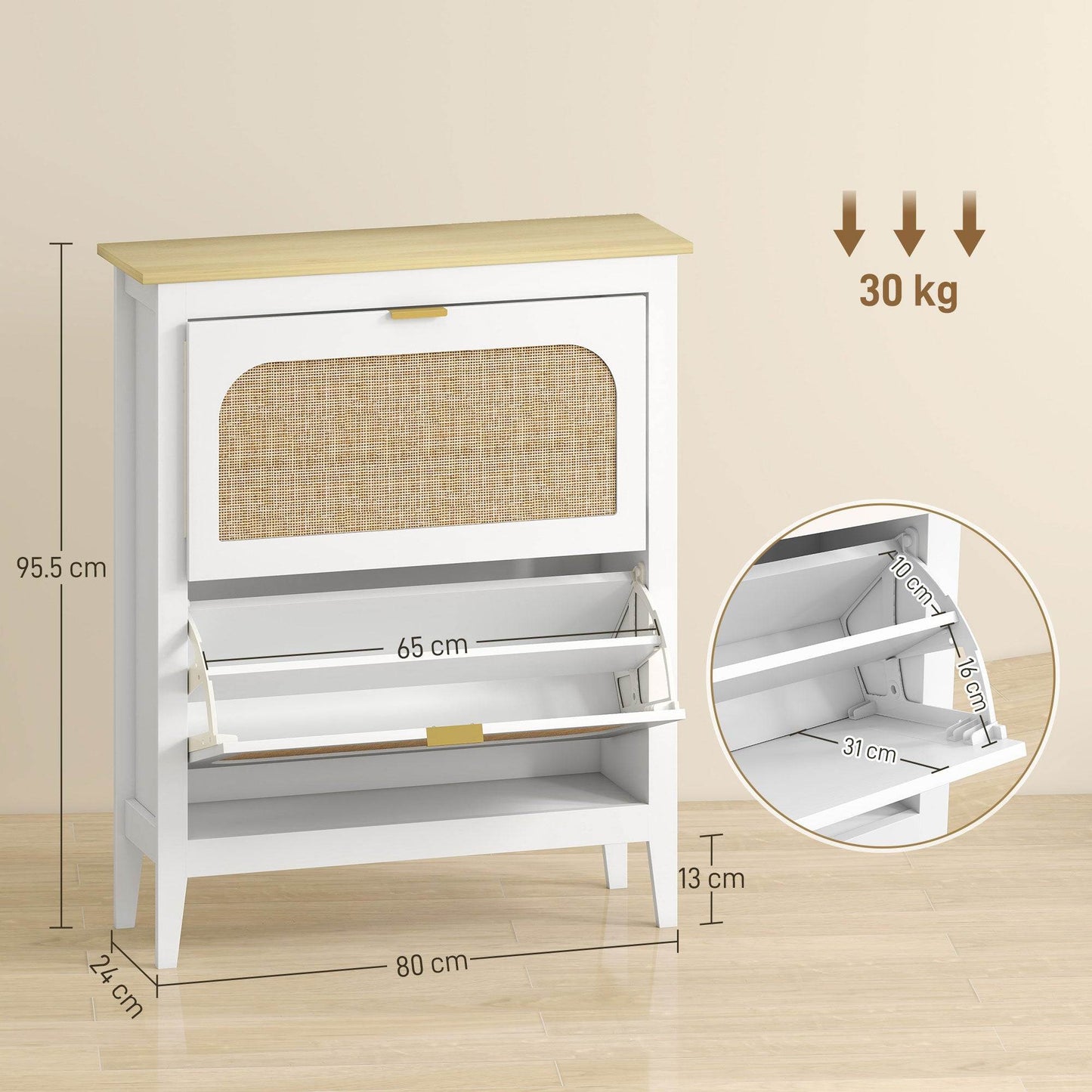 HOMCOM Narrow Shoe Cabinet, Boho Slim Shoe Storage Cabinet with 2 Flip Drawers, Holds 14 Pairs, White