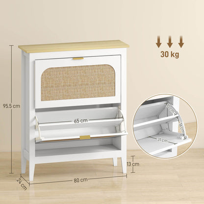 HOMCOM Narrow Shoe Cabinet, Boho Slim Shoe Storage Cabinet with 2 Flip Drawers, Holds 14 Pairs, White