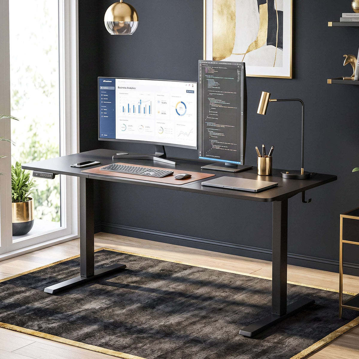 HOMCOM Standing Desk Memory Control Height Adjustable Desk 2 Cable Holes LED Display Sit Stand Desk Black