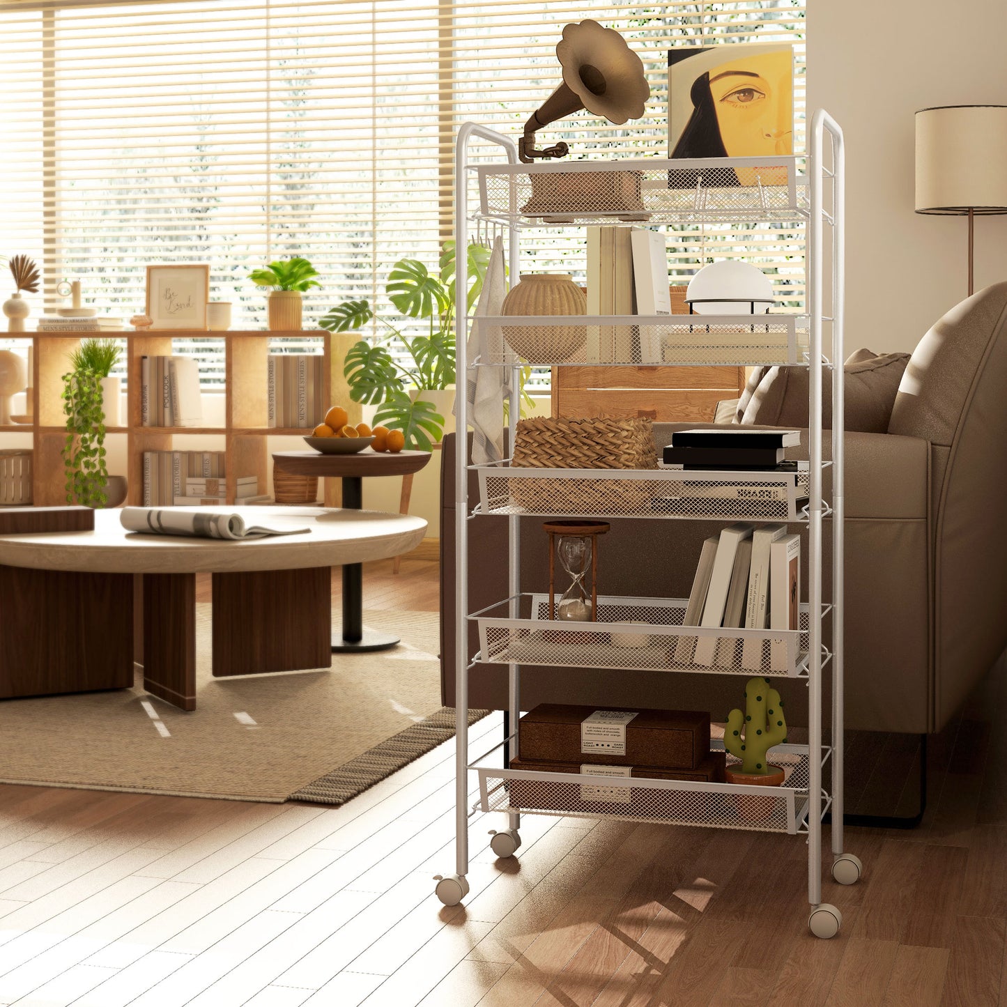 HOMCOM Five-Steel Mesh Basket Storage Trolley, with Wheels - White