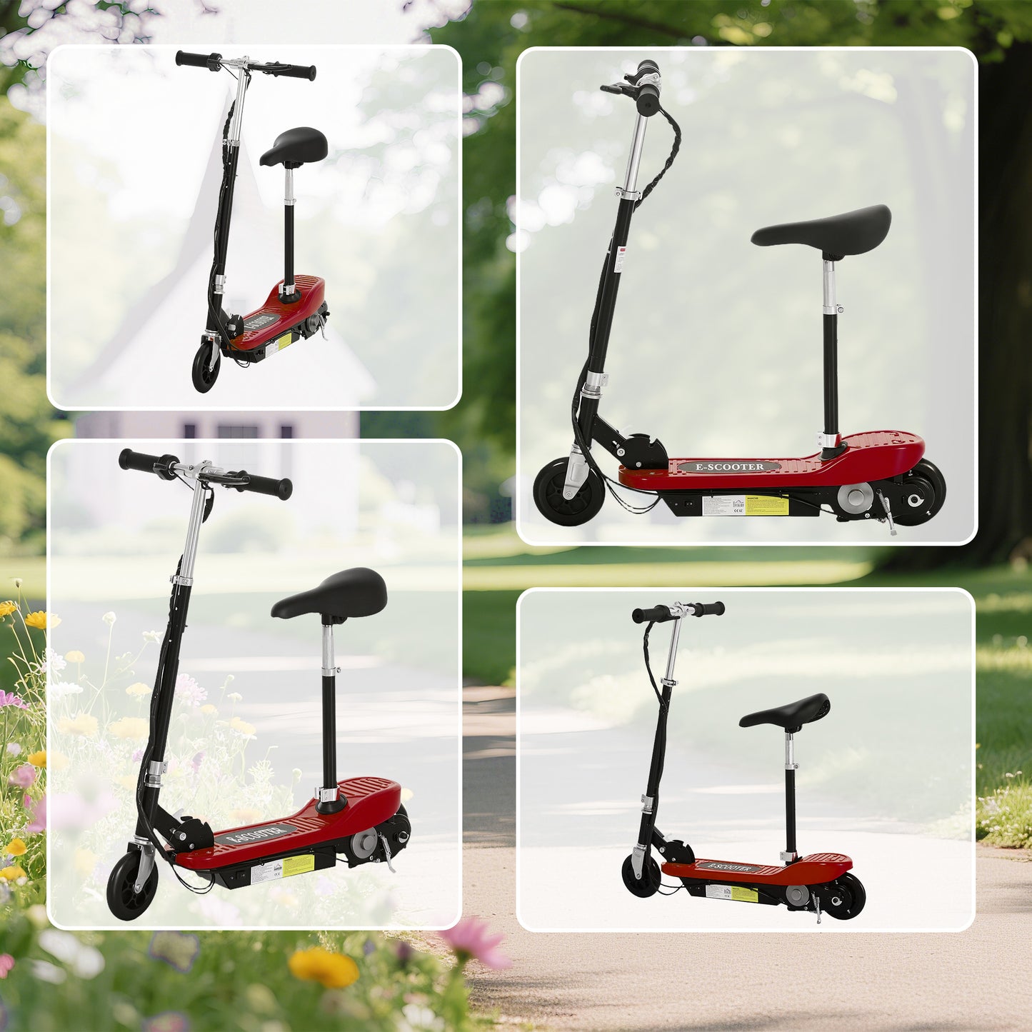 HOMCOM Powered Electric Scooter Ride-On, with Brakes, Adjustable Seat, Adjustable Handlebars, Red