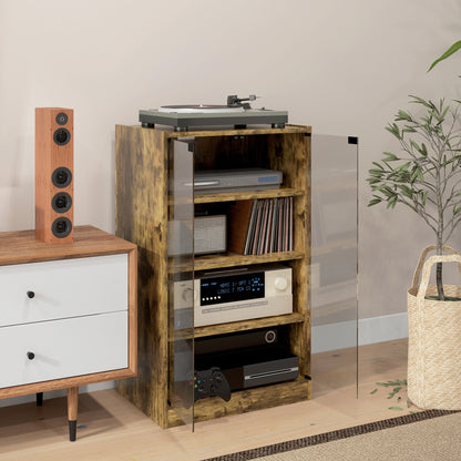 HOMCOM 4-Tier Hi-Fi Stand,  Record Player Stand with Adjustable Shelves and Push-to-Open Glass Doors, Rustic Brown