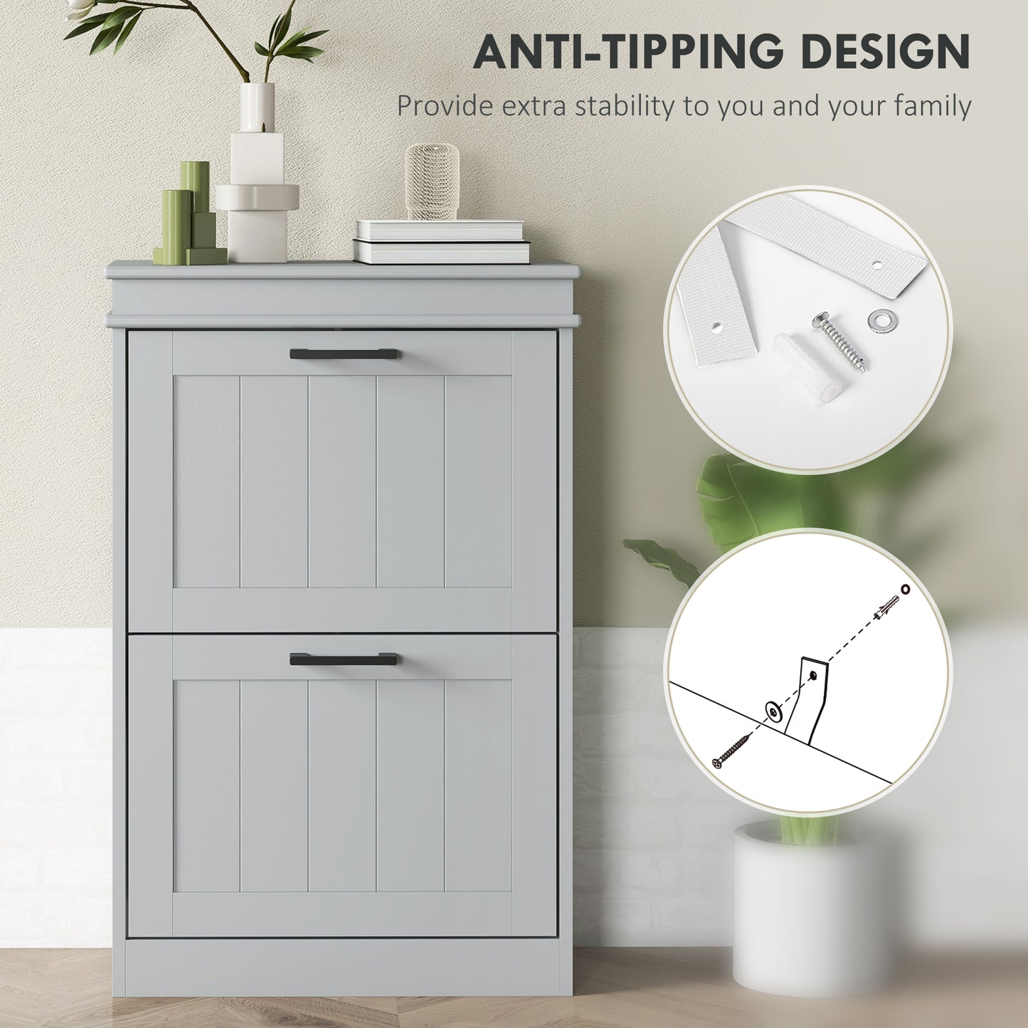 HOMCOM Two-Drawer Minimalistic 10-Shoe Cabinet - Grey