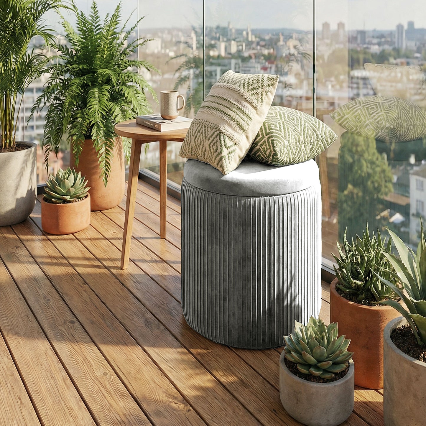 HOMCOM Storage Ottoman Modern Velvet Round Foot Stool for Living Room Bedroom 45 cm Grey