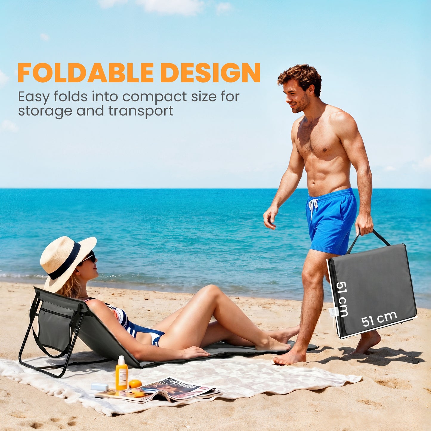 Outsunny Set of 2 Foldable Garden Beach Chair Mat, Outdoor Sun Lounger Seats with Adjustable Back, Magazine Pocket, Carry Strap