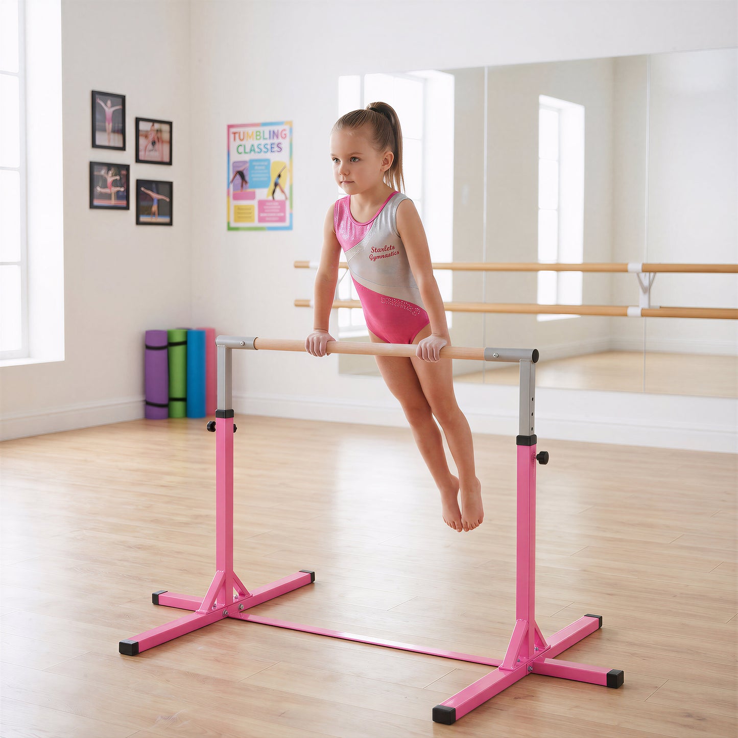 HOMCOM Height Adjustable Gymnastics Horizontal Bar for Kids, Children Junior Kip High Bar Fitness, Pink