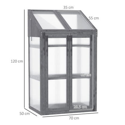 Outsunny Wooden Cold Frame Polycarbonate Greenhouse with Openable Top Cover and Double Door, Grow House for Flower, Vegetable and Plants, 70 x 50 x 120cm, Grey