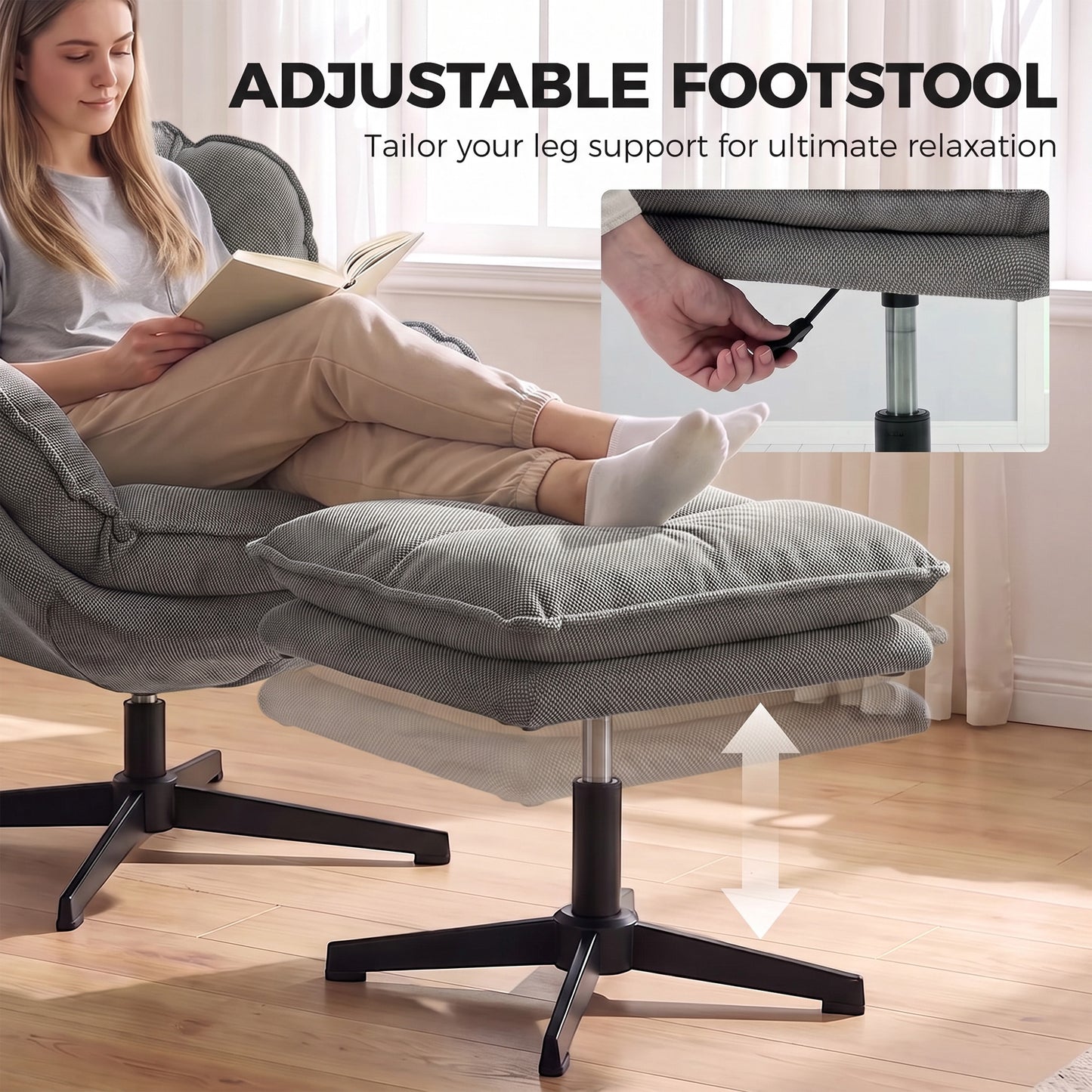HOMCOM Armchair with Adjustable Footstool, 360° Swivel Chenille Cloud Accent Chair with Thick Cushion, Steel Base, Grey