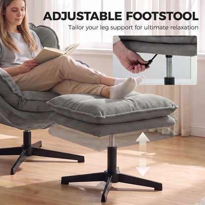 HOMCOM Armchair with Adjustable Footstool, 360° Swivel Chenille Cloud Accent Chair with Thick Cushion, Steel Base, Grey