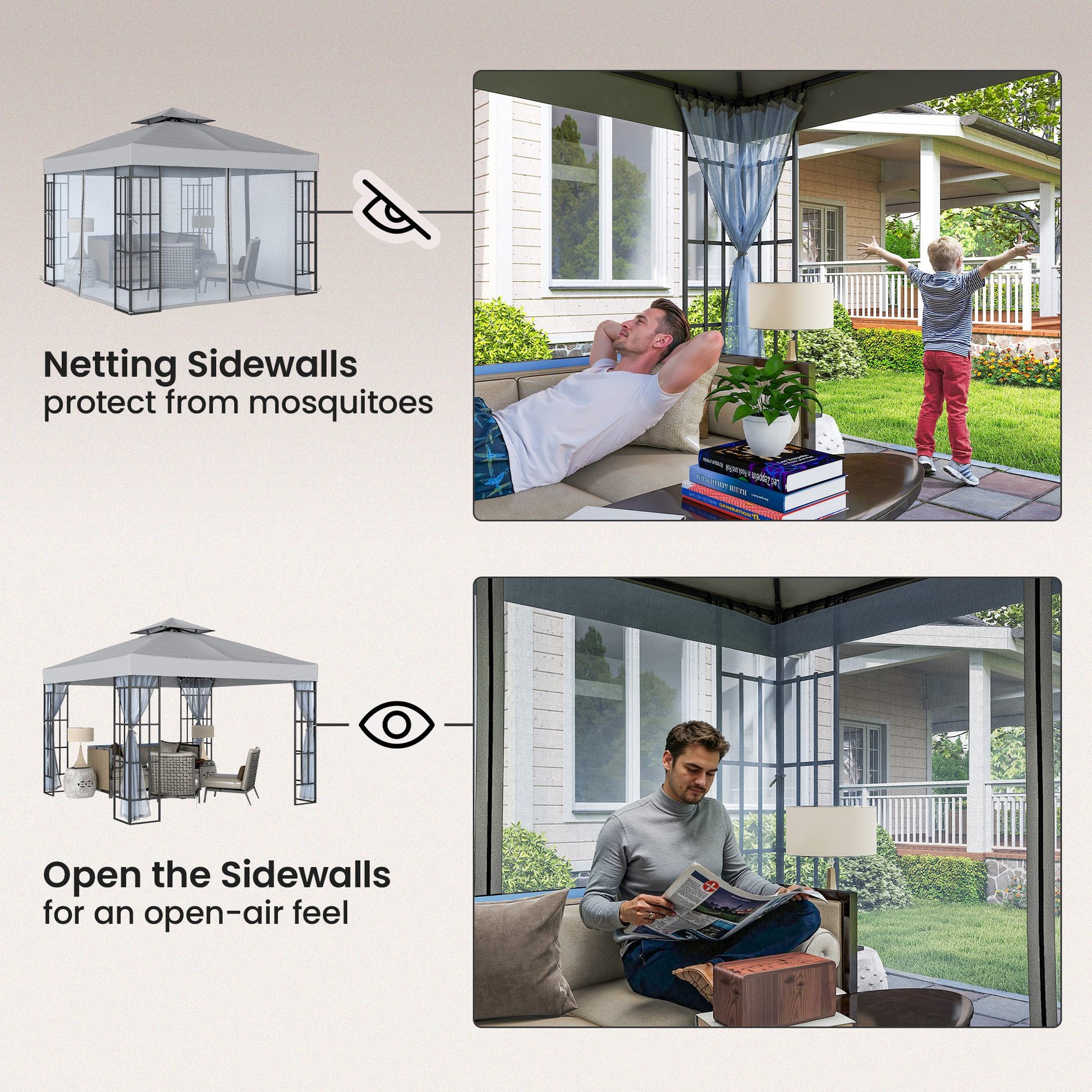 Outsunny 3 x 3(m) Patio Gazebo Canopy Garden Pavilion Tent Shelter with 2 Tier Roof and Mosquito Netting, Light Grey--ChewyGames-ChewyGames