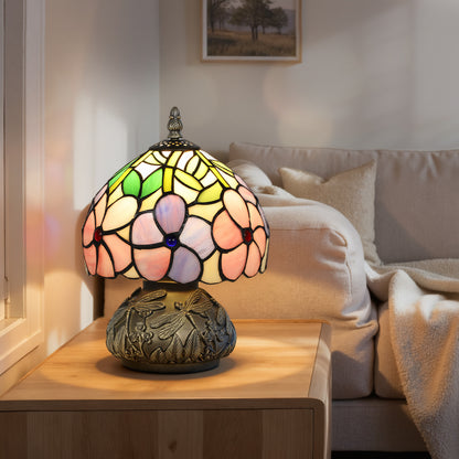 HOMCOM Tiffany-Style Table Lamp with Sculpted Dragonfly Base, Handcrafted Classic Stained Glass Bedside Lamp for Living Room and Bedroom, E27 Socket, Pink