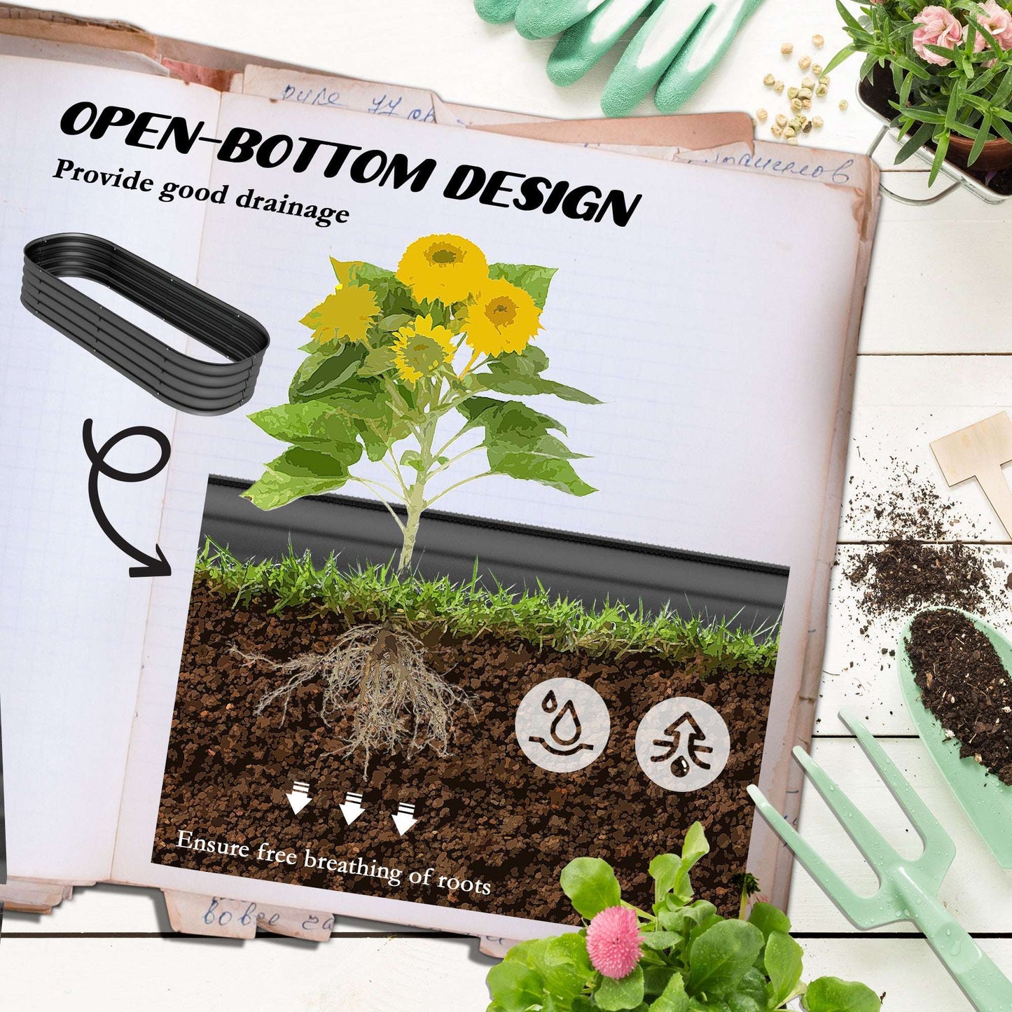 Outsunny Galvanised Raised Garden Bed, Metal Planter Box with Safety Edging, for Flowers, Herbs, Succulents, Pack of 2, Dark Grey
