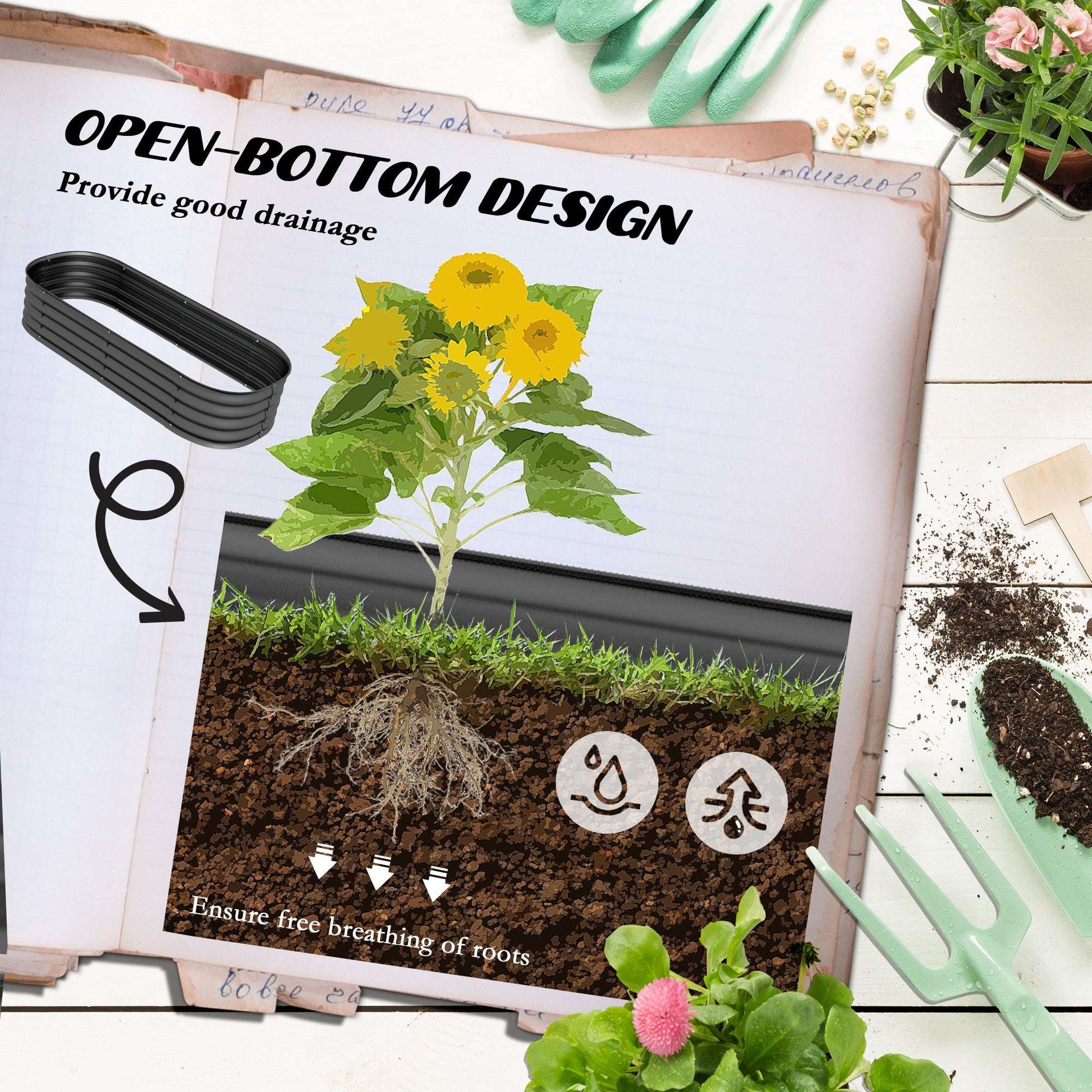 Outsunny Galvanised Raised Garden Bed, Metal Planter Box with Safety Edging, for Flowers, Herbs, Succulents, Pack of 2, Dark Grey
