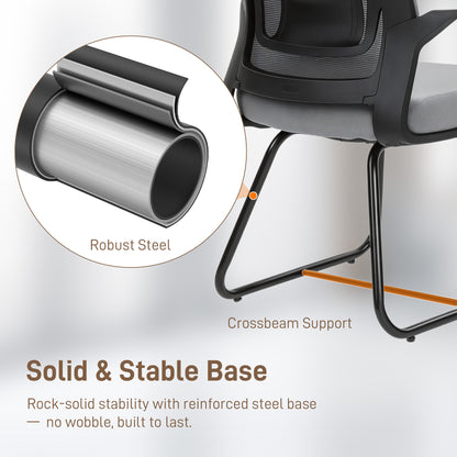 HOMCOM Desk Chair No Wheels, Office Chair with Mesh Back, Lumbar Support, Metal Base for Waiting Room, Conference Room, Dark Grey