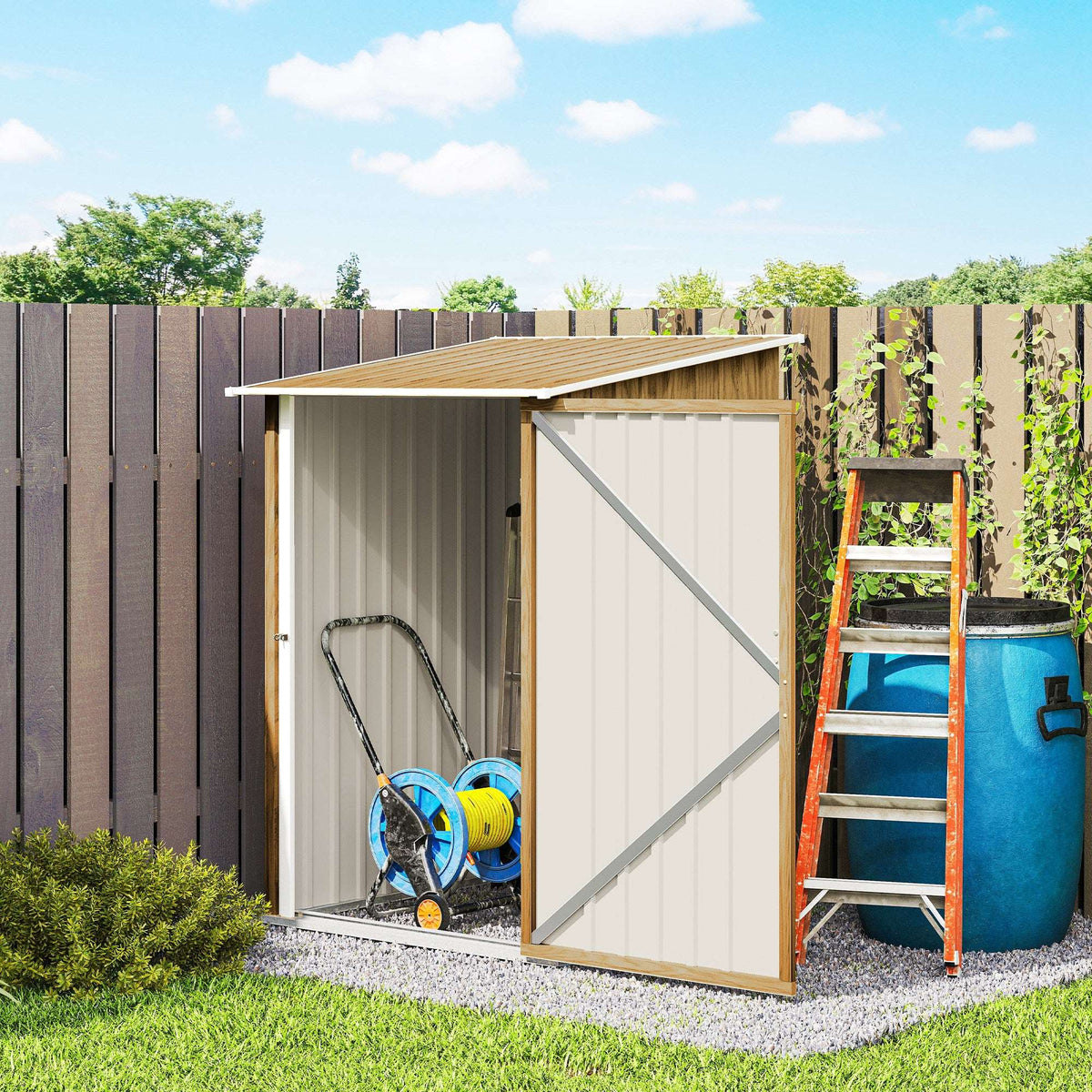 Outsunny 3.3 x 3.4ft Lean To Steel Garden Shed with Locking Door - Light Brown Wood Effect/White