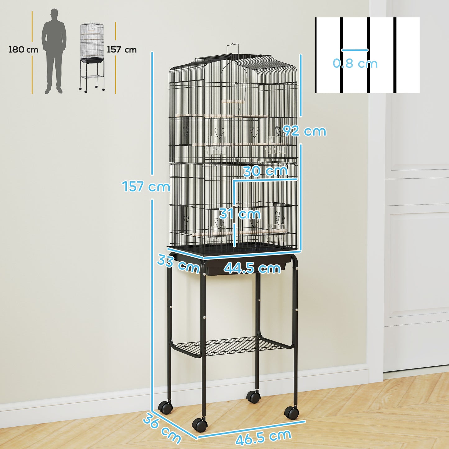 PawHut Bird Cage Budgie Cages for Finch Canary Parakeet with Stand Wheels Slide-out Tray Accessories Storage Shelf, Black 46.5 x 36 x 157 cm