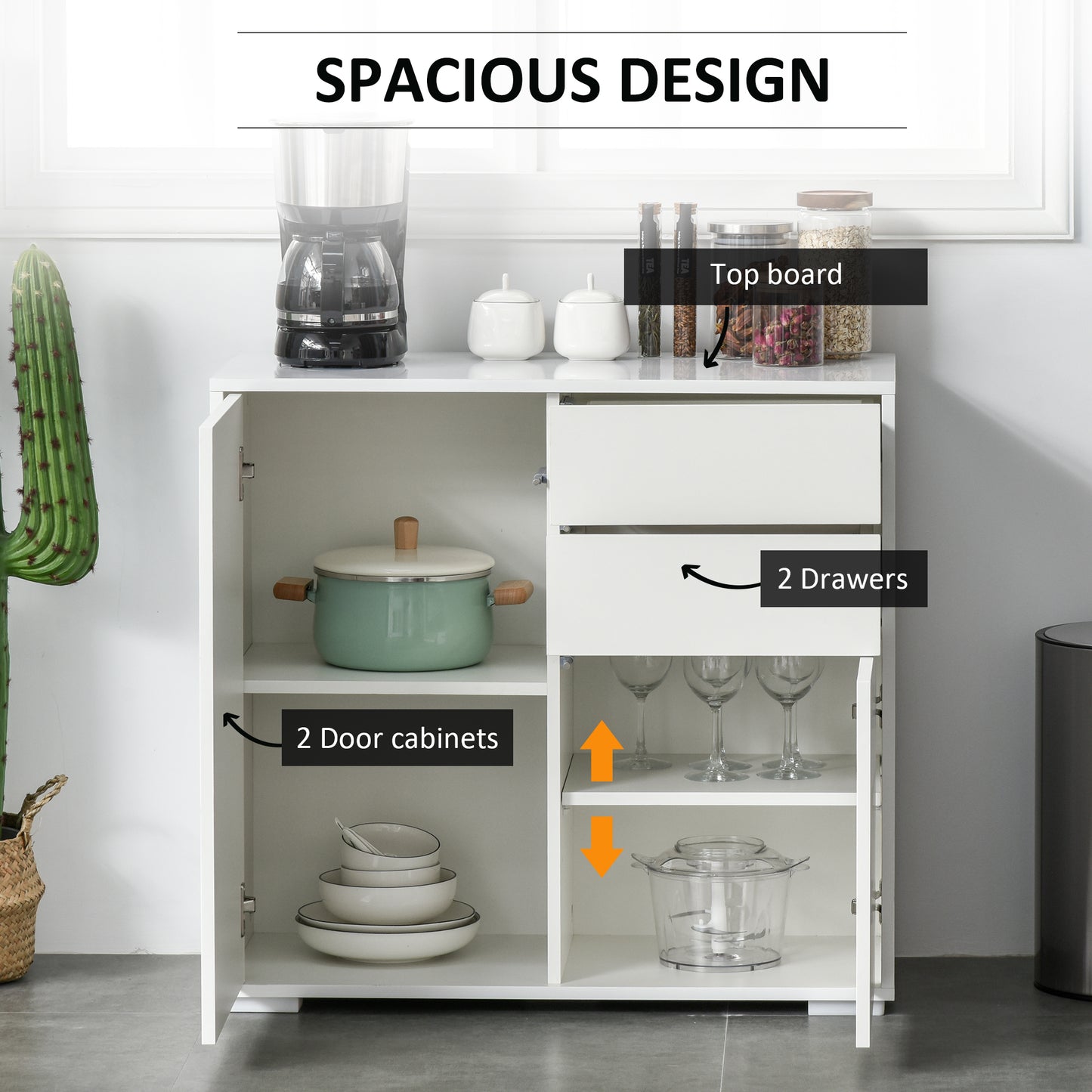 HOMCOM High Gloss Frame Sideboard, Push-Open Design with 2 Drawer for Living Room, Bedroom, 74H x 79W x 36Dcm, White