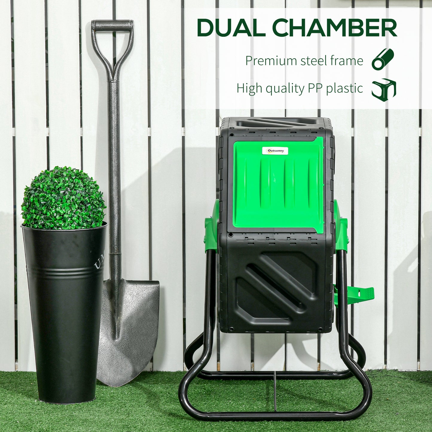 Outsunny 65L Garden Compost Bin, Single Chamber Rotating Composter, Compost Maker with 24 Ventilation Openings and Steel Legs