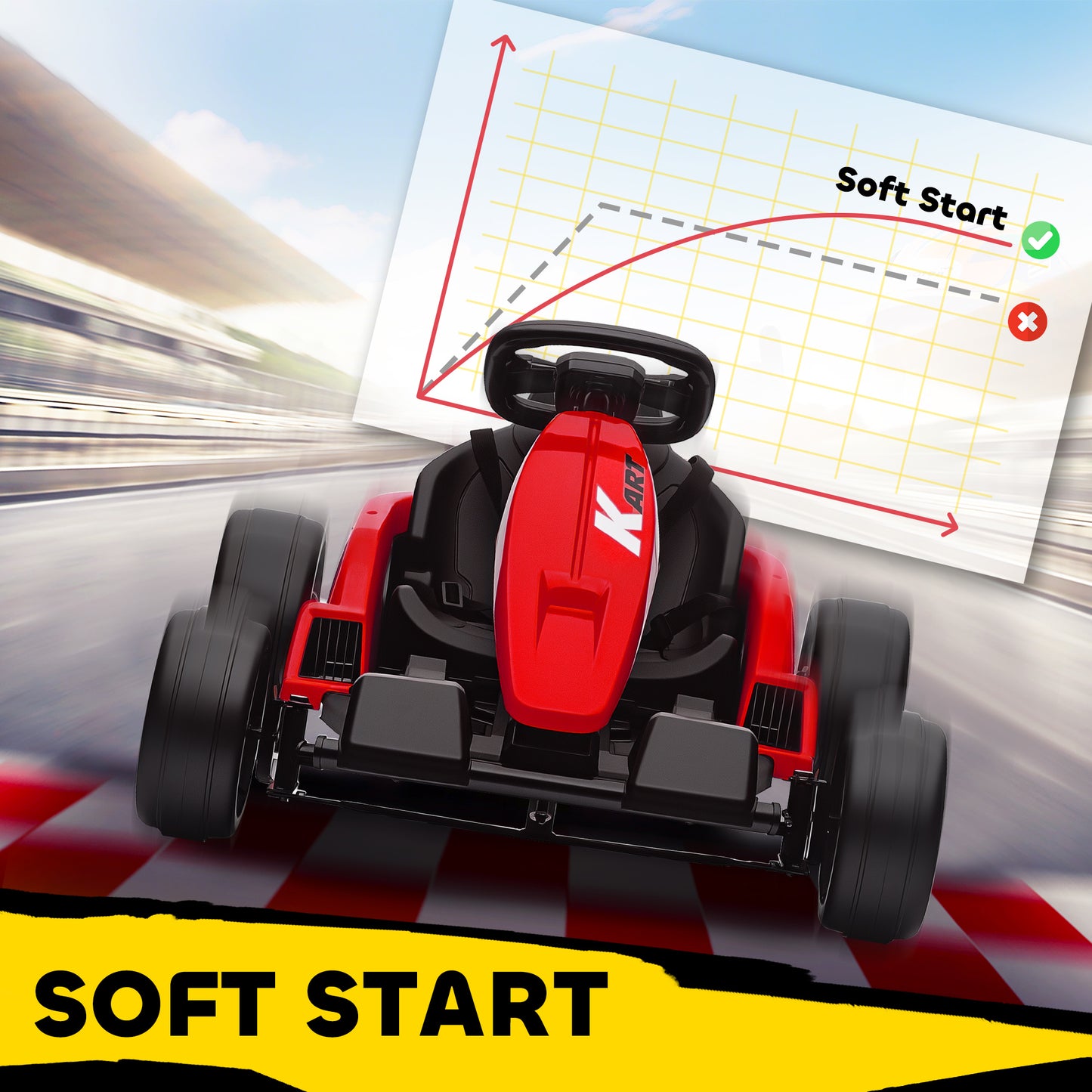 AIYAPLAY 24V Electric Go Kart, Drift Kart with Adjustable Seat, Slow Start, 5-Point Harness, Music, Horn, for 6-12 Years, Red