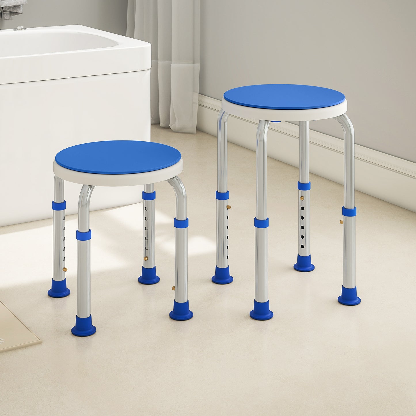 HOMCOM 360° Swivel Shower Chair, Height Adjustable Aluminium Shower Stool with Non-Slip Feet for Disabled, Elderly, Blue
