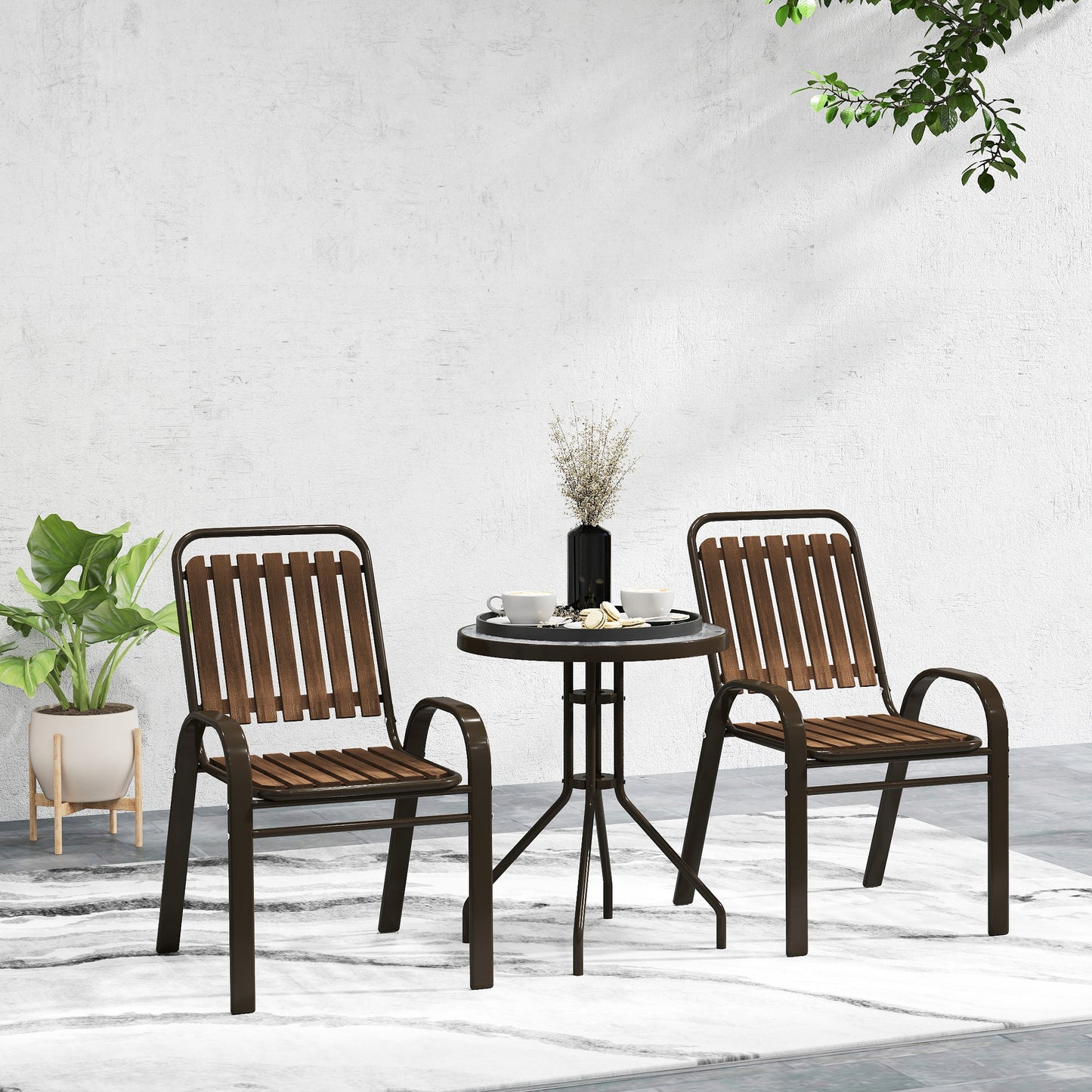 Outsunny 3 Pieces Patio Bistro Set with Stackable Chairs, Tempered Glass Table, for Outdoor, Balcony, Patio, Garden, Dark Brown