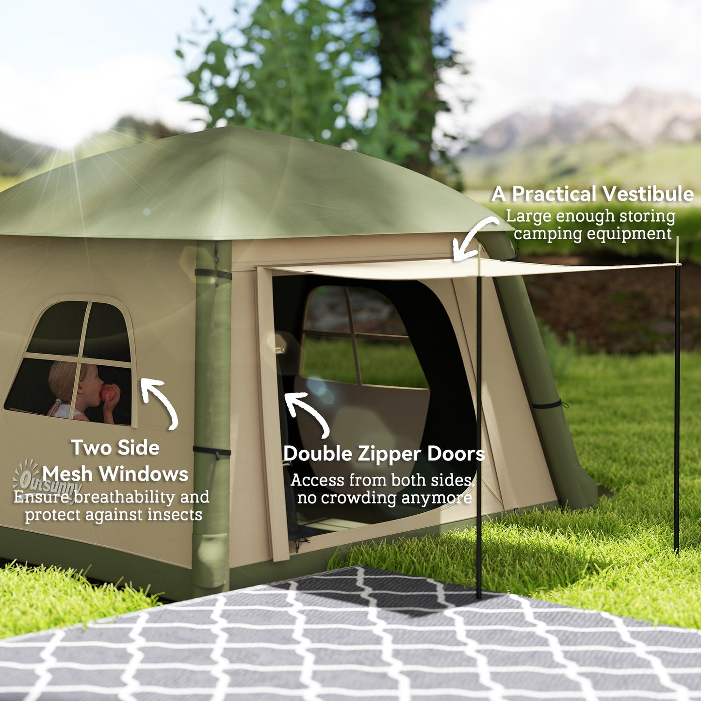 Outsunny Inflatable Camping Tent w/ Hand Pump, Easy Setup 1/2 Person Blow Up Tent Waterproof 190T Taffeta w/ Mesh Windows, Doors and Carry Bag, Brown