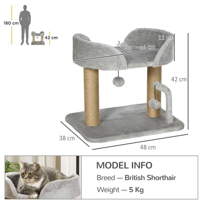 PawHut 42cm Indoor Cat Tree, with Toy Balls, Jute Scratching Post - Light Grey