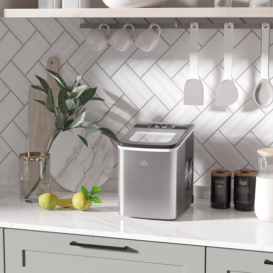 HOMCOM Ice Maker Machine Countertop, 9 Ice Cubes in 8 Mins, 12KG in 24Hrs, Self-Cleaning Portable Ice Cube Maker w/ Adjustable Ice Size, Ice Scoop, Basket, Stainless Steel, No Plumbing Required, Black