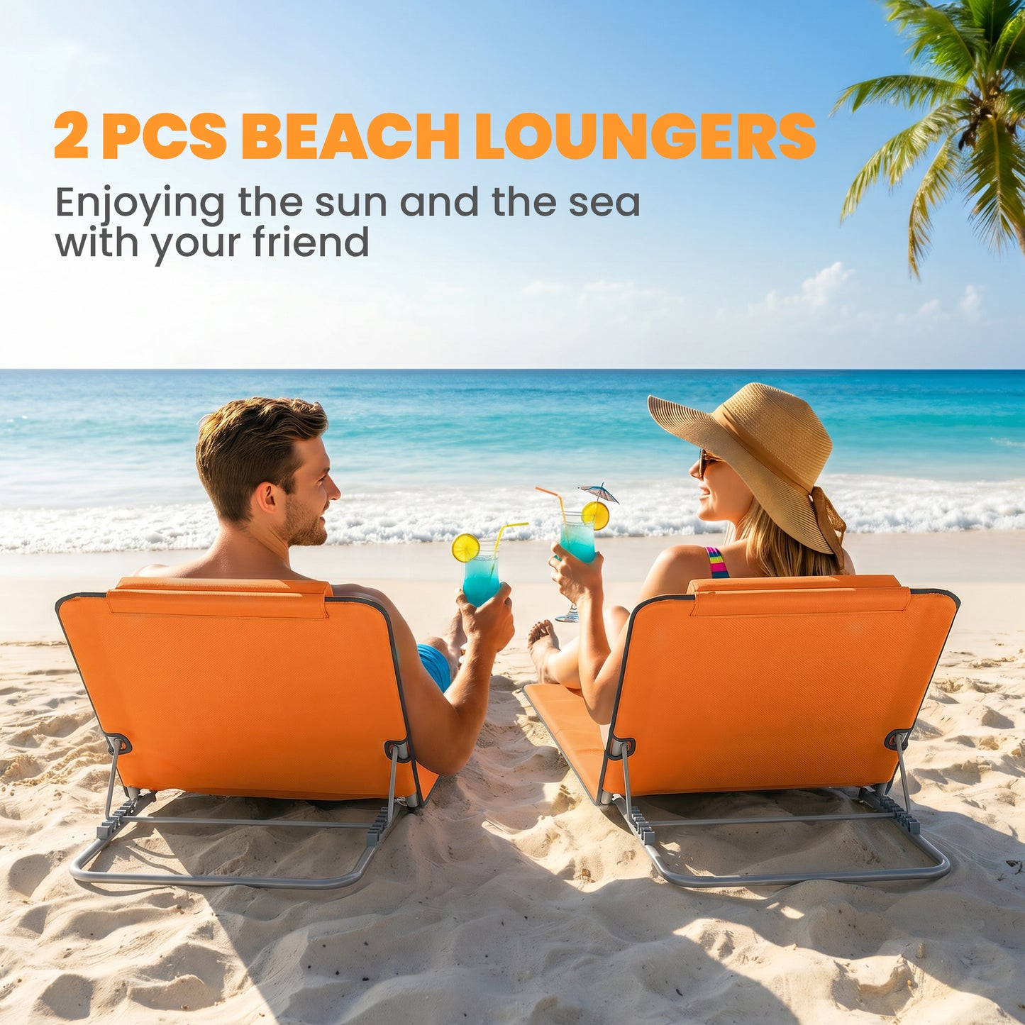 Outsunny Set of Two Metal Frame Beach Chairs, with Reclining Backs - Orange