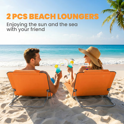 Outsunny Set of Two Metal Frame Beach Chairs, with Reclining Backs - Orange