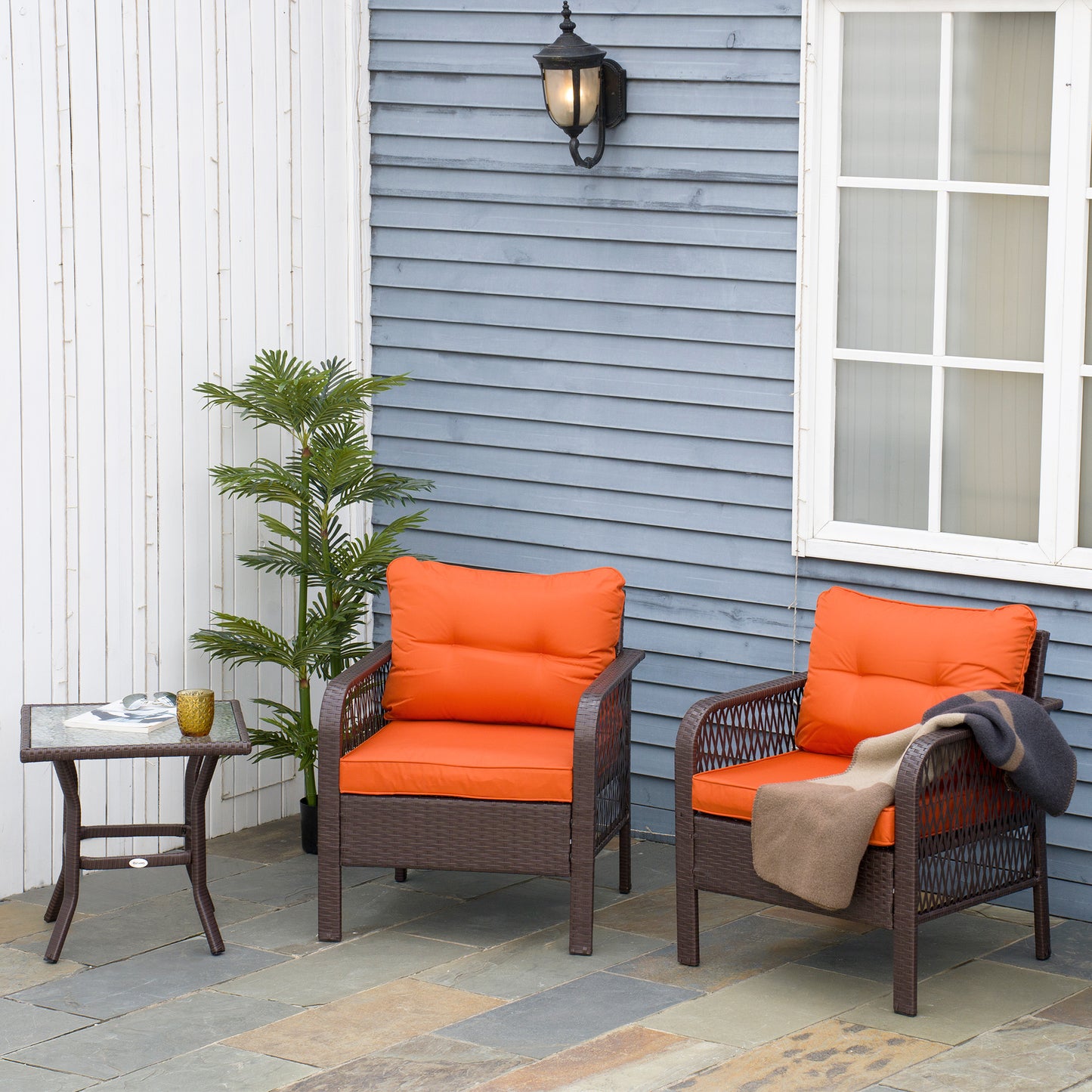 Outsunny 3 Pieces Rattan Bistro Set with Glass Top Coffee Table, Chairs and Cushions for Outdoor, Patio, Balcony, Orange--ChewyGames-ChewyGames