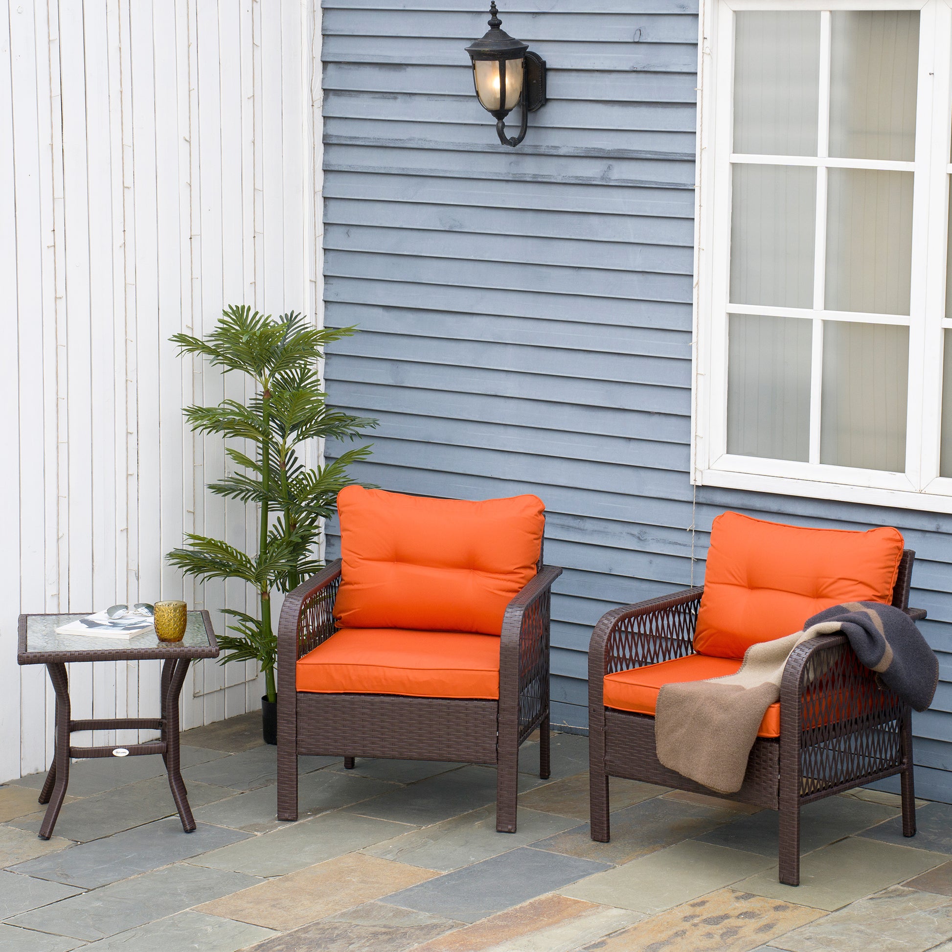Outsunny 3 Pieces Rattan Bistro Set with Glass Top Coffee Table, Chairs and Cushions for Outdoor, Patio, Balcony, Orange--ChewyGames-ChewyGames