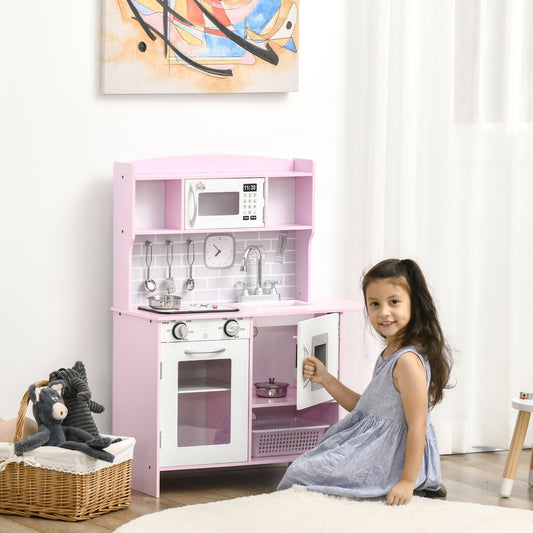 HOMCOM Kids Kitchen Playset, with Lights, Sounds, Microwave, Sink and Storage - Pink--ChewyGames-ChewyGames