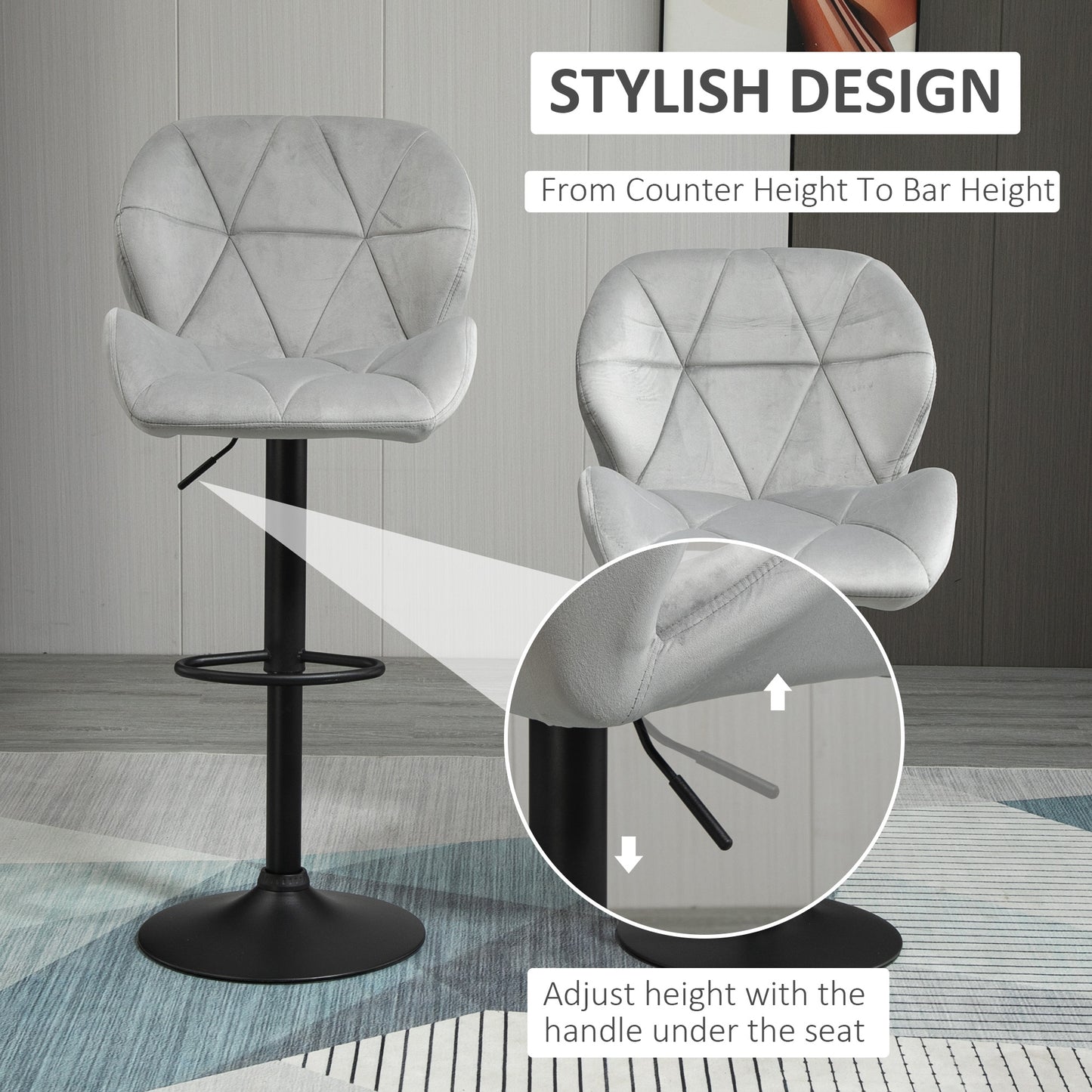 HOMCOM Bar Stools Set Of 2, Luxurious Velvet-Touch Barstools with Metal Frame Footrest Round Base Triangle Indenting Moulded Seat Adjustable Height Swivel Light Grey