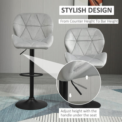 HOMCOM Bar Stools Set Of 2, Luxurious Velvet-Touch Barstools with Metal Frame Footrest Round Base Triangle Indenting Moulded Seat Adjustable Height Swivel Light Grey