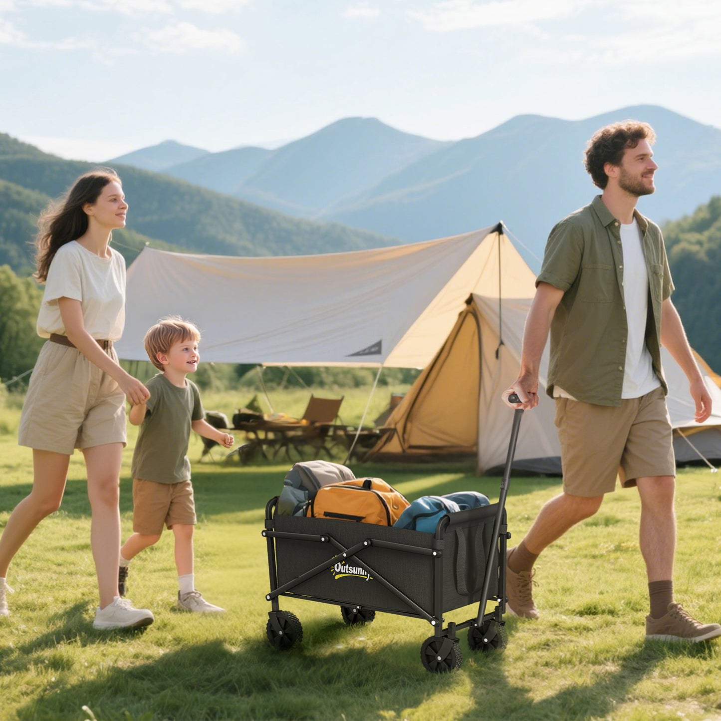 Outsunny 41L Festival Trolley on Wheels, Compact Garden Folding Trolley Cart, 60kg Heavy Duty Collapsible Foldable Wagon with Adjustable Handle and Carrying Bag for Beach, Camping, Festival, Black