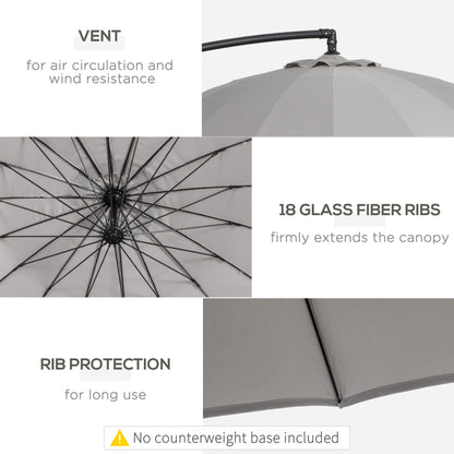 Outsunny 3(m) Cantilever Umbrella 18 Ribs & Vents Adjustable Angle for Patio Light Grey